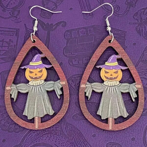 Scarecrow Halloween Wooden Teardrop Earrings Fall Autumn NWT